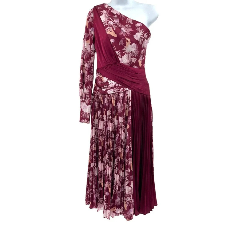 Three Floor Womens Purple Floral Xilitla Midi Dress One Shoulder Neckline Size 2